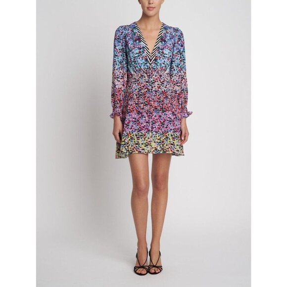 Saloni Eve Striped Rainbow Floral Print Puff Sleeve Button Front Mini Dress 6 - Picture 2 of 11